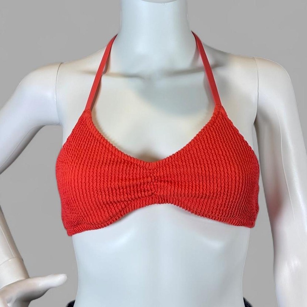 Aerie Textured Halter Bikini Top Coral Orange M Crinkle‎ Swim Y2K NWOT